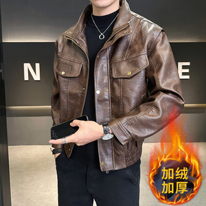 模特 2025男士机车加绒皮衣皮夹克外套 6016 加绒款 P145 咖啡图片