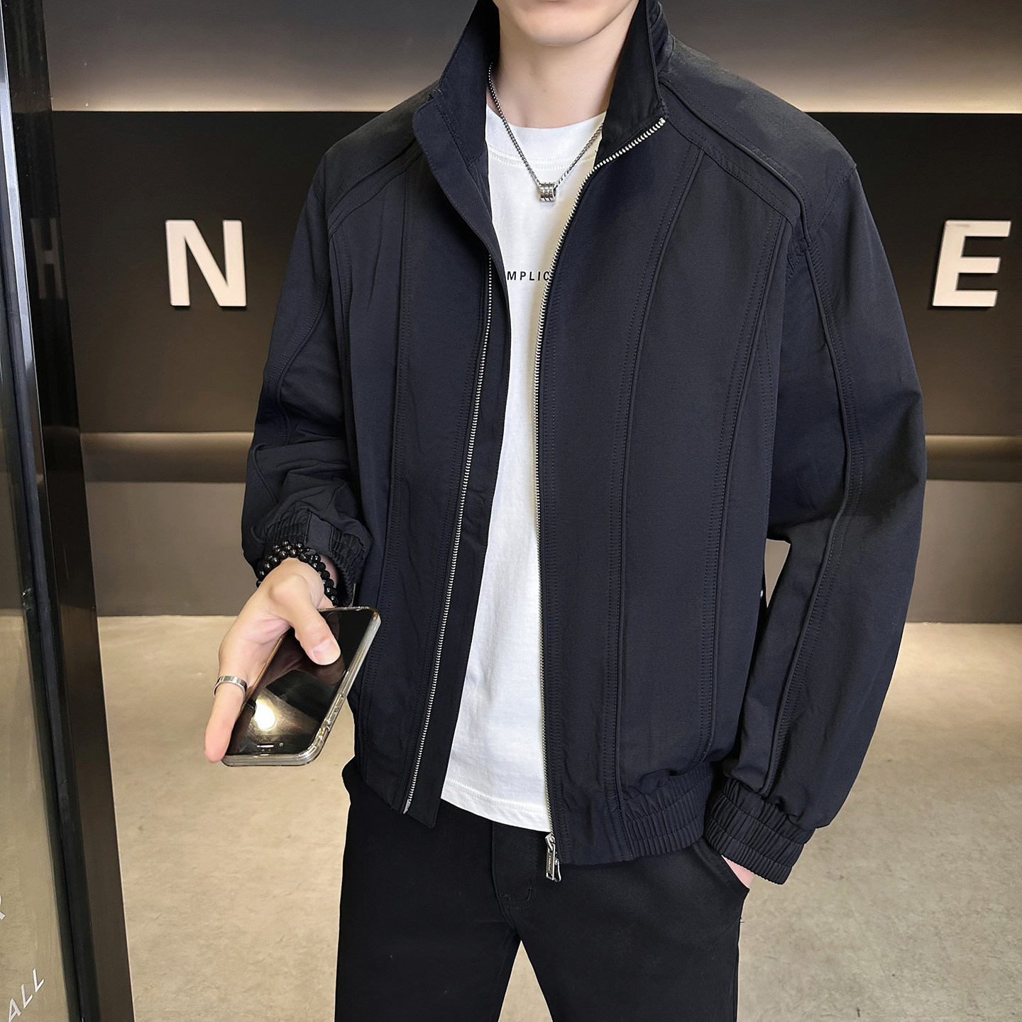 模特2026春装新款立领夹克衫5838P125黑色可穿到200斤,男装夹克,电商D227