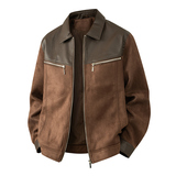 平铺摆拍2025年秋装翻领PU拼接长袖夹克外套2509P135黑色，男装夹克，电商D227