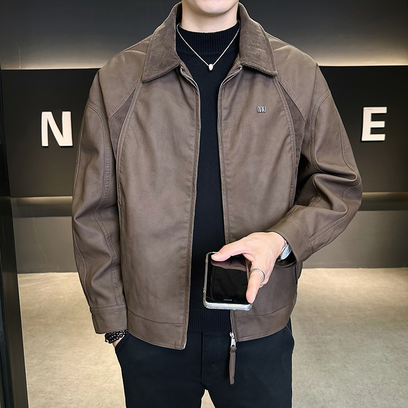模特2026年春装男士机车皮衣PU皮夹克外套25619P140咖啡色，男装夹克，电商D227