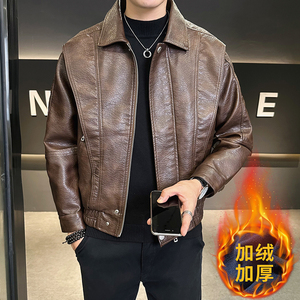模特 2025男士机车加绒皮衣PU皮夹克 8024 加绒款 P145 咖啡色图片