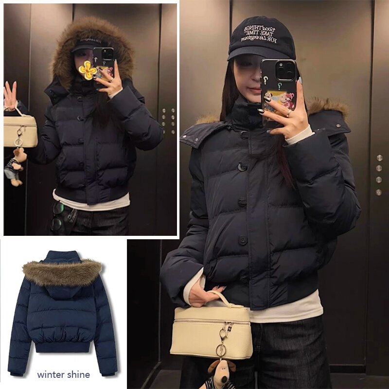 新款显瘦大毛领美式复古棉服外套