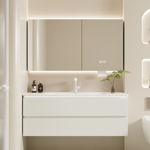 橡木烤漆浴室柜组合岩板热弯卫生间陶瓷一体洗脸盆洗漱台奶油风