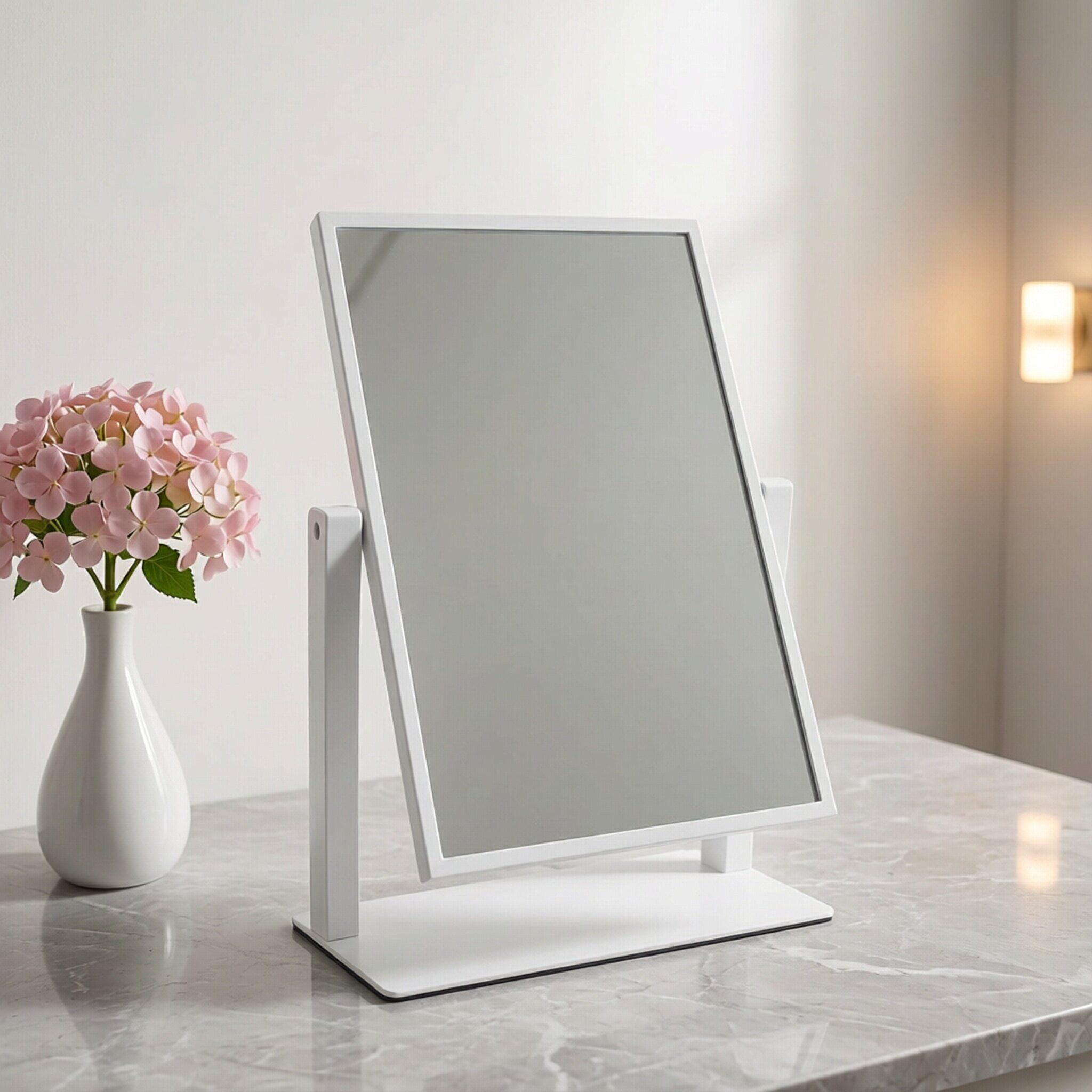 简约现代台式梳妆镜桌面翻转方形化妆镜白色边框新款梳妆化妆镜子