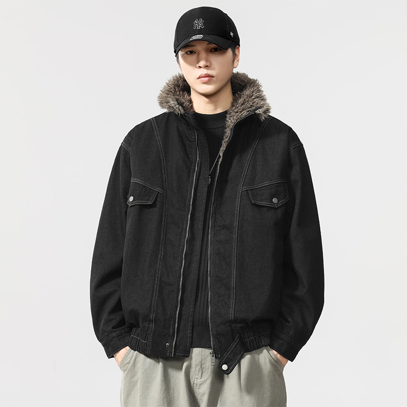 冬季牛仔羊羔毛立领加绒牛仔外套