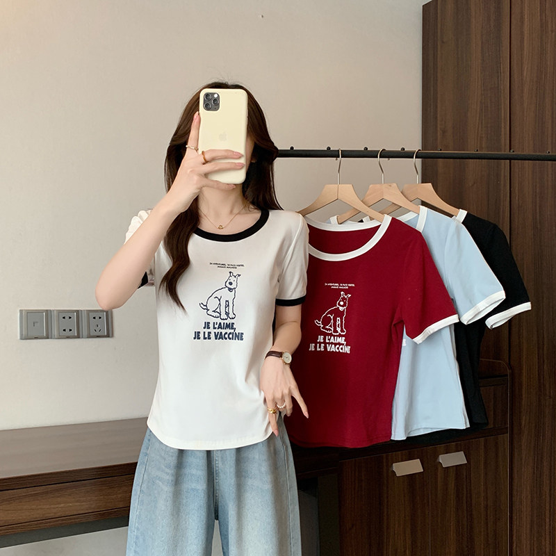 O-33710实拍2026夏装新款胖mm大码女韩版印花小狗撞色正肩短袖T恤