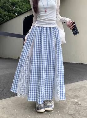 L66022 新款韩系甜美拼接蓝色格子半身裙女大码胖mm大摆a字长裙