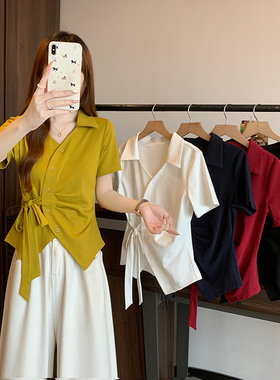 O-35628实拍夏装新款胖mm大码女洋气别致不规则收腰绑带短袖T恤