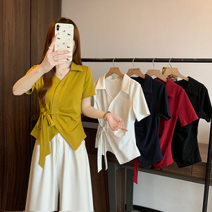 O-35628实拍夏装新款胖mm大码女洋气别致不规则收腰绑带短袖T恤