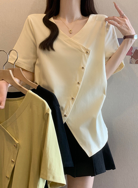 Y16658 实拍大码设计感不规则短袖T恤夏季新款减龄斜扣小众上衣