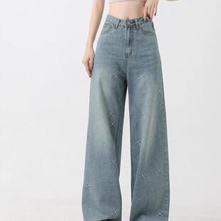 K88639新款刺绣阔腿牛仔裤女高腰宽松大码胖mm遮胯显瘦垂感直筒