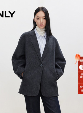 ONLY2026春季新款通勤显瘦绵羊毛外套纯色双面毛呢大衣西装外套
