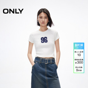 短款 ONLY2026春季 正肩修身 上衣棉混纺贴布圆领基础款 T恤女 新款