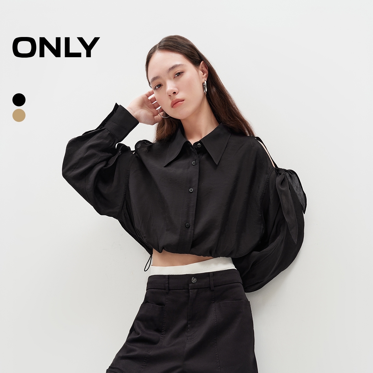 休闲衬衫领 肩部镂空绑带 底摆抽绳设计