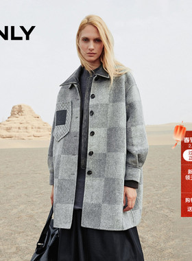 ONLY2025冬季新款含绵羊毛贴布口袋OVERSIZED双面毛呢大衣外套女