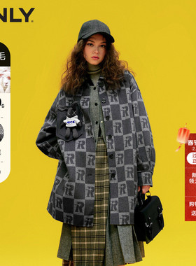 ONLY冬季双面呢显瘦羊毛外套灯笼袖宽松棋盘格纹高级感毛呢大衣女