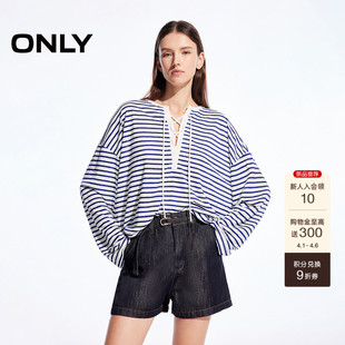 航海风随性绑带设计宽松落肩条纹长袖 上衣T恤女 新款 ONLY2026春季