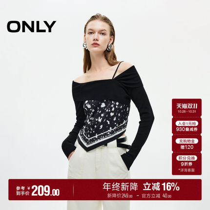 ONLY秋季一字肩针织拼接设计修身显瘦长袖短款蕾丝衫上衣女