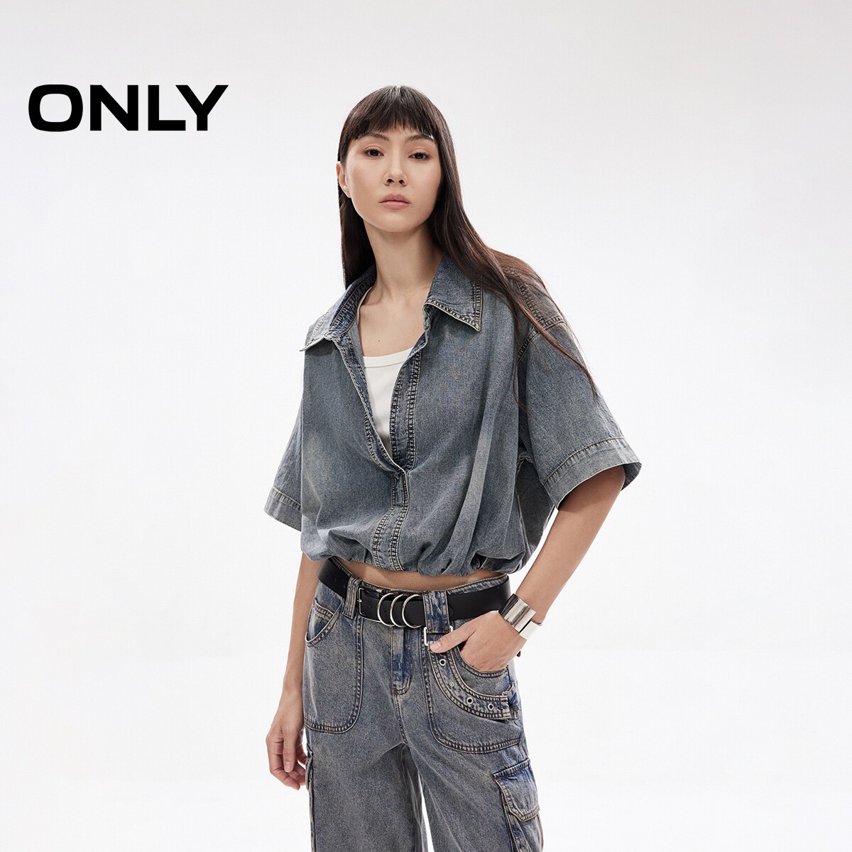 ONLY夏季上衣做旧水洗翻领落肩短袖短款牛仔衬衫女|12518I