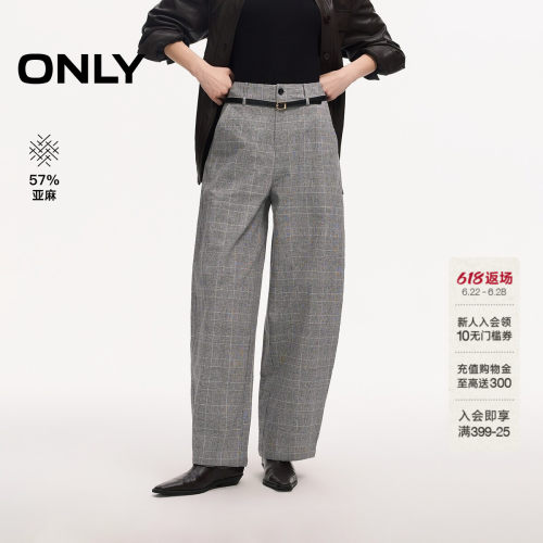 ONLY亚麻格纹高腰弯刀裤休闲裤女