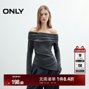 纯色T恤女 优雅一字肩褶皱不规则底摆上衣长袖 ONLY2025秋季 新款