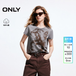 甜美猫咪印花正肩圆领短袖 ONLY夏季 上衣T恤女 萌宠T