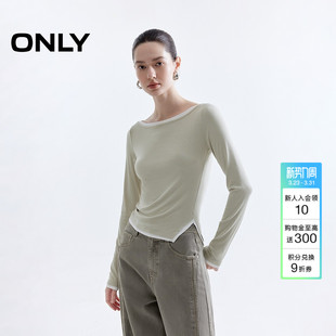 正肩长袖 上衣温柔拼色假两件一字领口修身 T恤女 新款 ONLY2026春季
