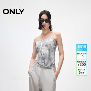 ONLY夏季 吊带上衣女 牛仔印花不规则下摆可调节肩带设计短款