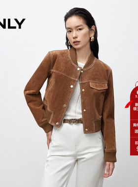 ONLY春季棒球风胸前装饰盖袋利落正肩短款皮衣外套女