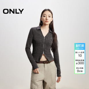 上衣T恤女 双向拉链辣妹风纯色显瘦V字翻领长袖 ONLY2025春季 新款