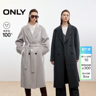双面毛呢大衣外套女 100%绵羊毛纯色双排扣长款 ONLY2025冬季 新款