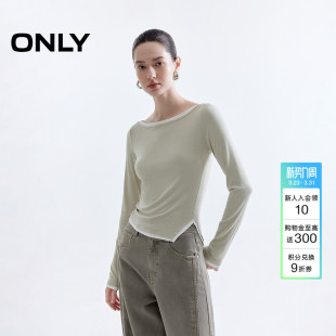 正肩长袖 上衣温柔拼色假两件一字领口修身 T恤女 新款 ONLY2026春季