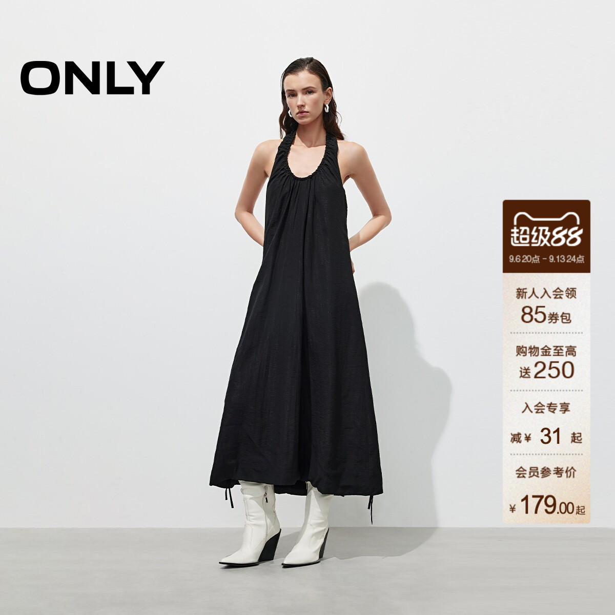 ONLY优雅露背挂脖U领连衣裙