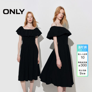 ONLY2026春季 防滑一字荷叶领收腰捏褶裙摆裙子黑色连衣裙 新款
