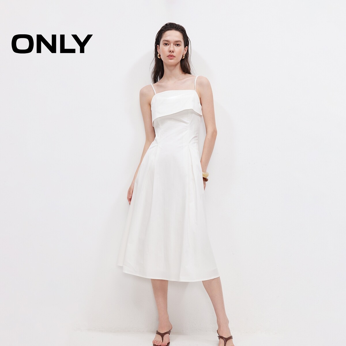 ONLY吊带裙子翻折方领长裙连衣裙