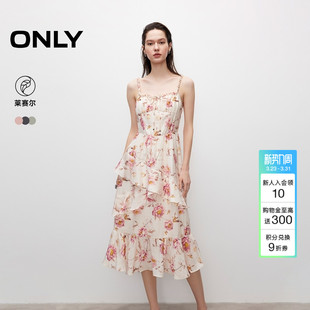 吊带裙连衣裙女 裙子波嬉风优雅收腰印花中长款 ONLY2026春季 新款