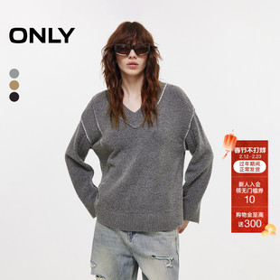 ONLY2025冬季新款宽松落肩舒适亲肤反穿拼接V领毛衣长袖针织衫女