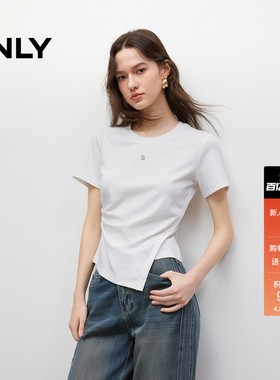 ONLY春季收腰上衣棉感褶皱金属装饰不对称正肩圆领白色短袖T恤女