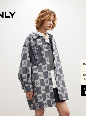 ONLY2025冬季新款宽松落肩棋盘格翻领羊毛混纺廓形毛呢大衣外套女