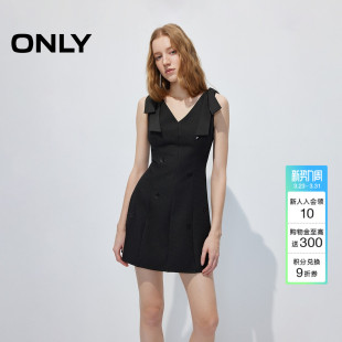 ONLY2026春季 收腰V领裙子蝴蝶结肩带闪片点缀A字黑色连衣裙 新款