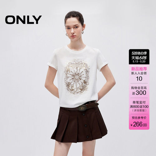 ONLY圆领时髦印花卷边袖口T恤女