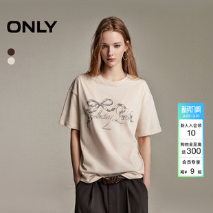 短袖 上衣慵懒松弛感蝴蝶结印花宽松阔版 T恤女 新款 ONLY2026春季