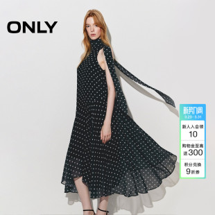 立体宽松版 新款 ONLY2026春季 裙子肩挂脖斜切裙摆连衣裙 波点裙