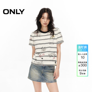 T恤女 上衣航海系撞色条纹涂鸦印花圆领正肩短袖 ONLY2026春季 新款