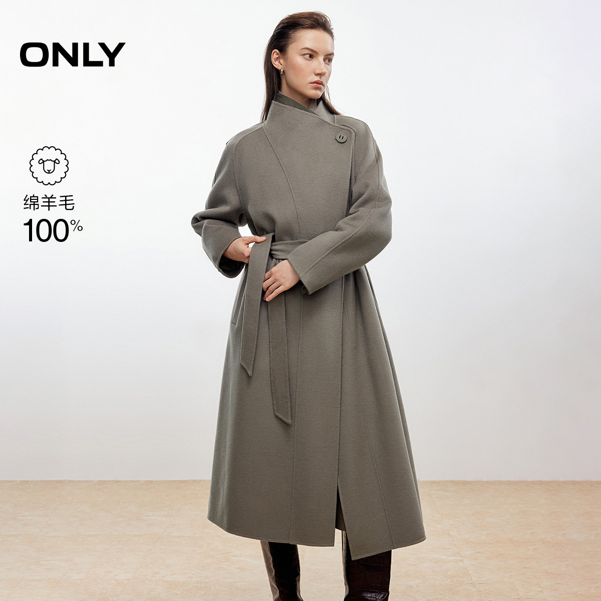 ONLY2025冬季新款100%绵羊毛双面呢两穿翻折领口短款毛呢大衣女