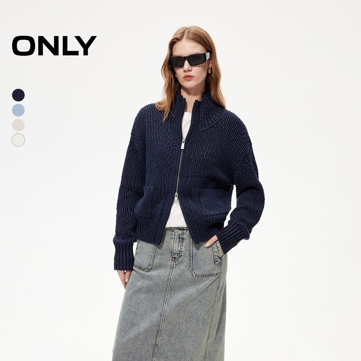 ONLY2026春季新款双开拉链宽松落肩开衫复古纯色翻领立领针织衫女