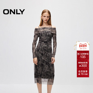 ONLY夏季波嬉风法式优雅一字领气质晕染印花中长款长袖连衣裙女|