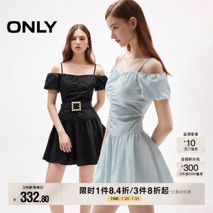 ONLY2025夏季 芭蕾短裙連衣裙女 純色拼接抽褶吊帶一字肩泡泡袖 新款