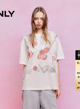 ONLY2026春季新款纯棉上衣草莓印花OVERSIZE落肩圆领短袖T恤女