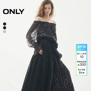 腰果印花蕾丝衫 优雅一字肩荷叶边收腰长袖 上衣女 新款 ONLY2026夏季